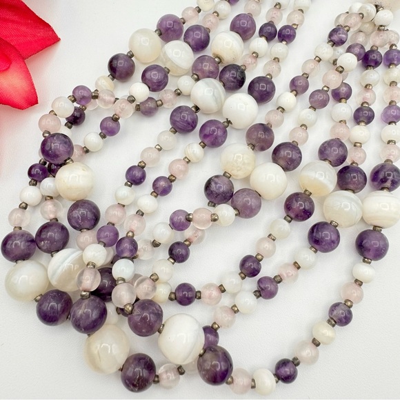 Vintage Gemstone Beaded Multistrand Choker Necklace Agate Amethyst Quartz 16” - Picture 3 of 16